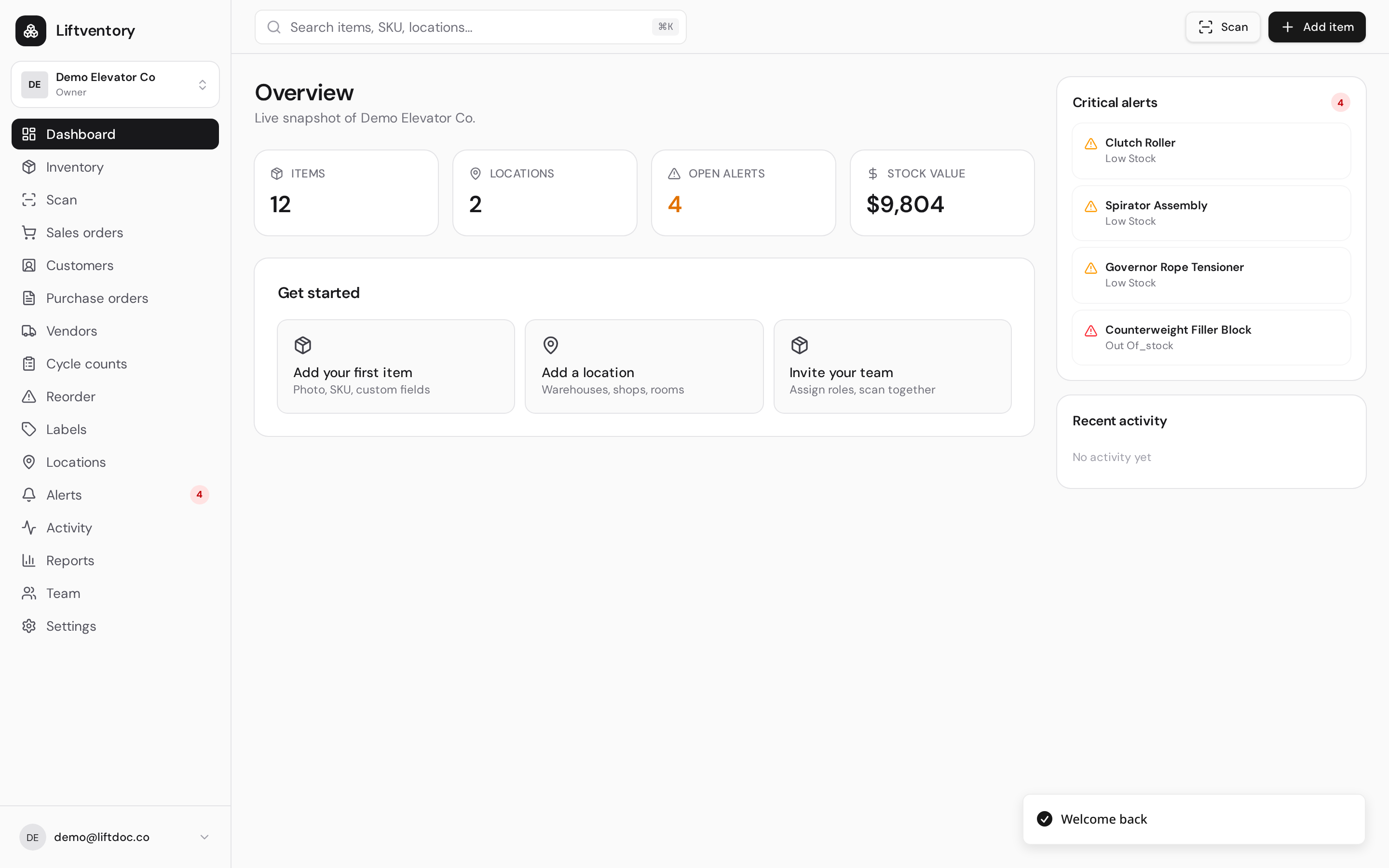 STOKROOM dashboard showing inventory overview, critical alerts and stock value